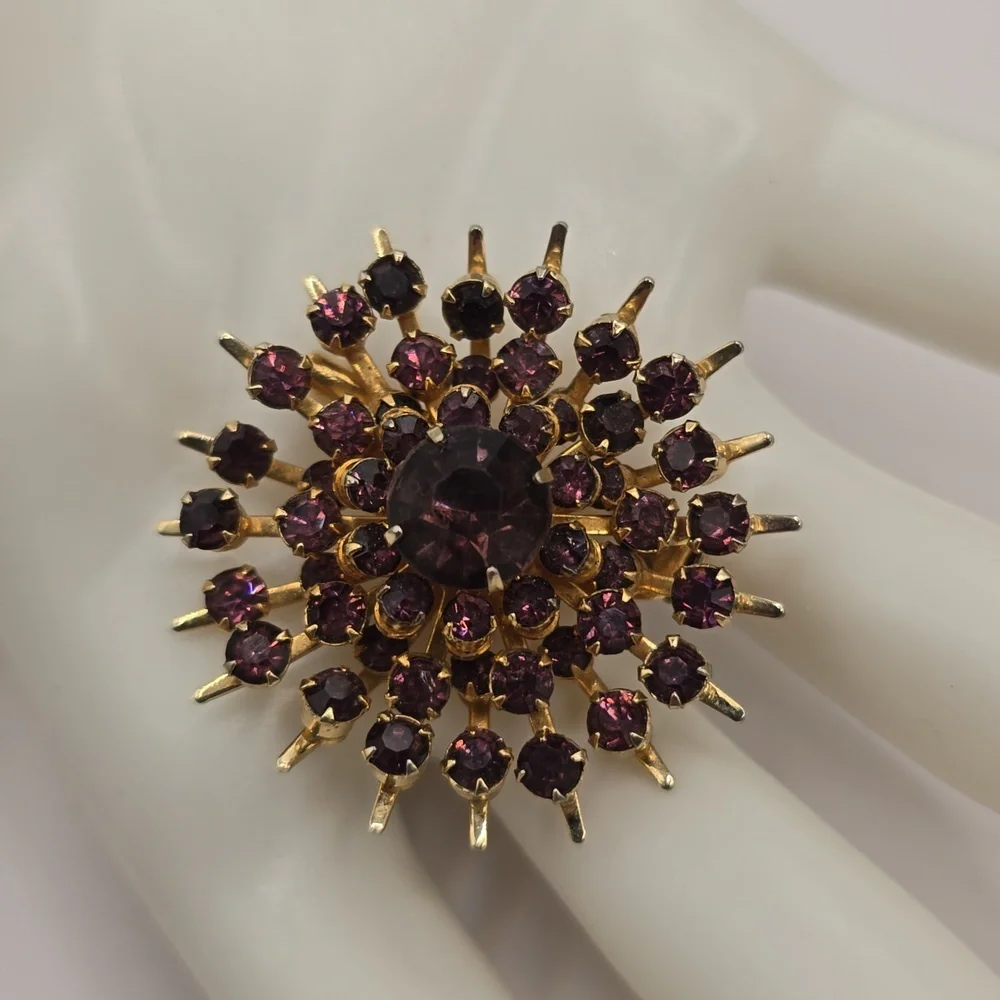 Vintage Coro Purple Rhinestone Starburst Gold Tone Brooch